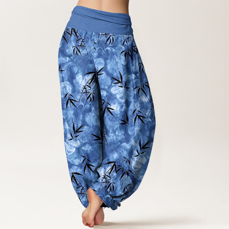 Buddha Stones Pantaloni harem da donna in puro cotone nero con motivo a foglie di bambù e elastico in vita. - image 9