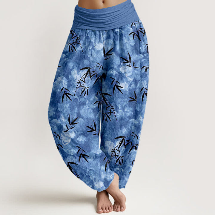Buddha Stones Pantaloni harem da donna in puro cotone nero con motivo a foglie di bambù e elastico in vita. - Blu fiordaliso - US16, UK/AU20, EU48 (3XL) - image 8