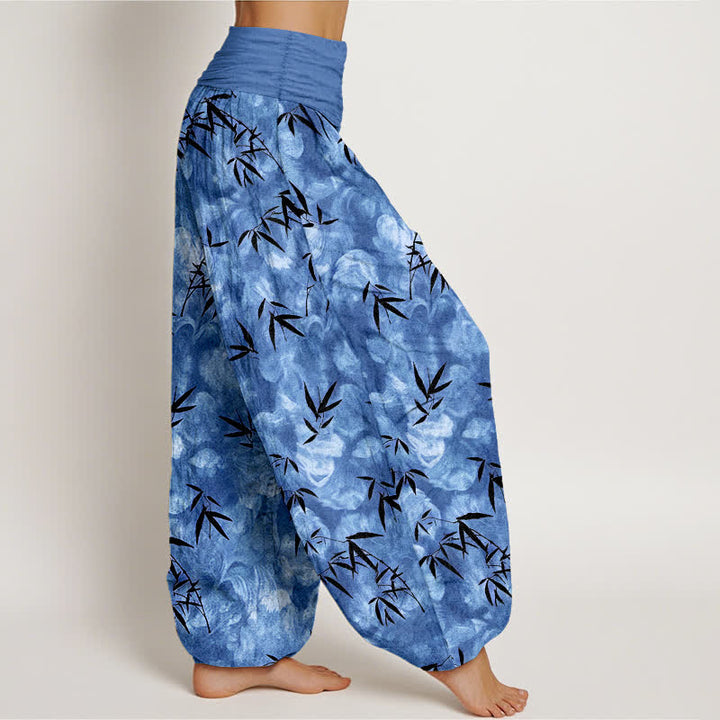 Buddha Stones Pantaloni harem da donna in puro cotone nero con motivo a foglie di bambù e elastico in vita. - image 10