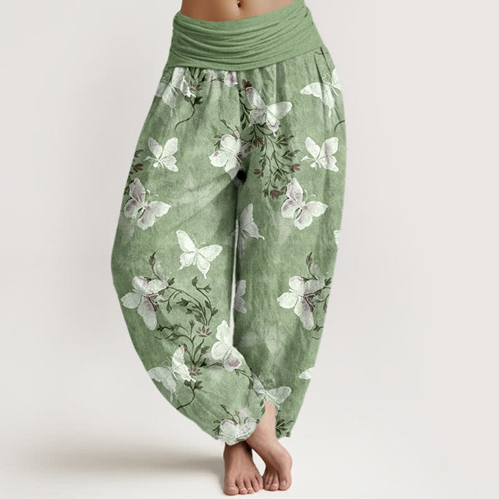 Buddha Stones Pantaloni harem da donna in cotone bianco con motivo floreale e farfalle, con elastico in vita. - Verde pallido - US16, UK/AU20, EU48 (3XL) - image 0
