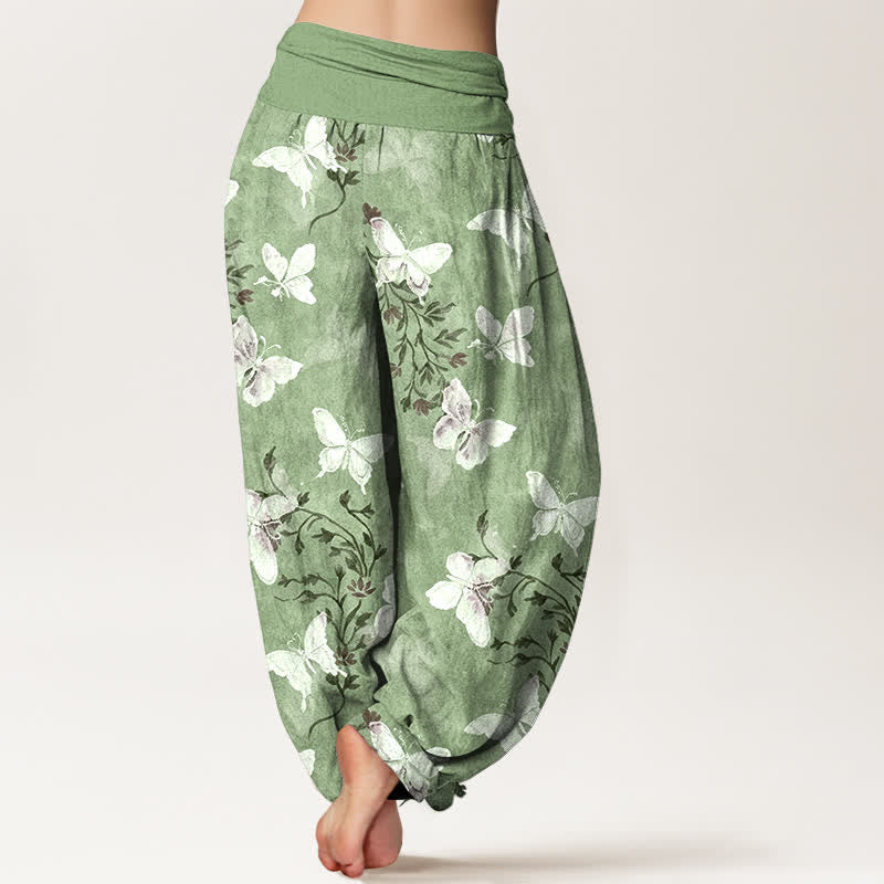 Buddha Stones Pantaloni harem da donna in cotone bianco con motivo floreale e farfalle, con elastico in vita. - image 1