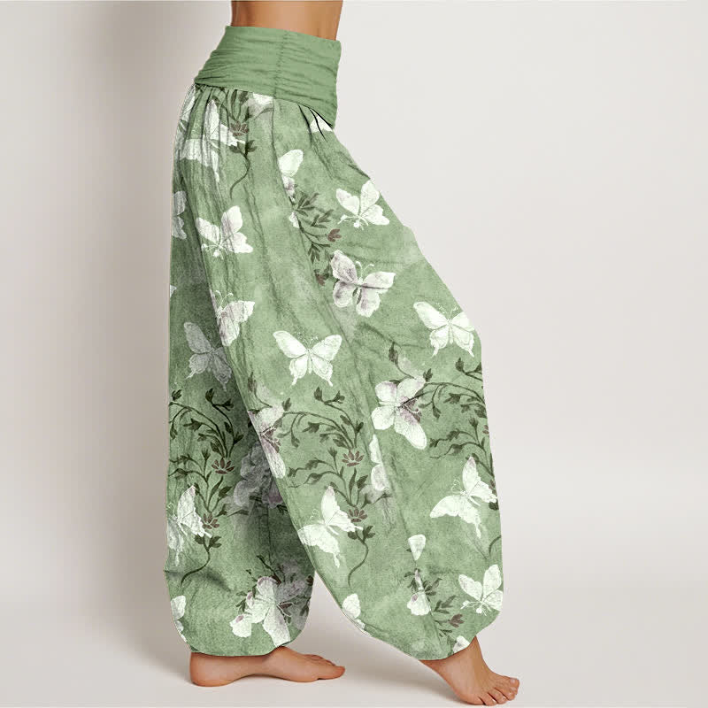 Buddha Stones Pantaloni harem da donna in cotone bianco con motivo floreale e farfalle, con elastico in vita. - image 2