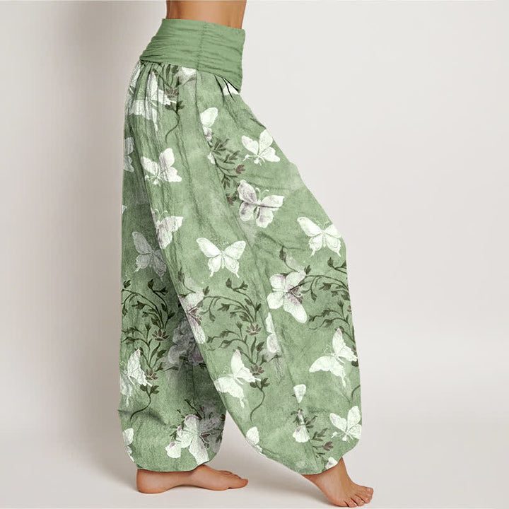 Buddha Stones Pantaloni harem da donna in cotone bianco con motivo floreale e farfalle, con elastico in vita. - image 2