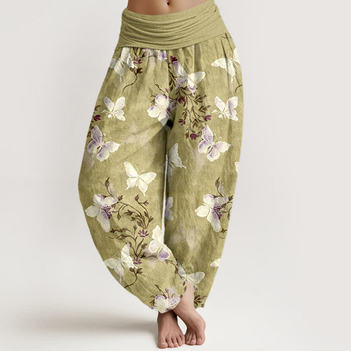 Buddha Stones Pantaloni harem da donna in cotone bianco con motivo floreale e farfalle, con elastico in vita. - Cachi scuro - US16, UK/AU20, EU48 (3XL) - image 5