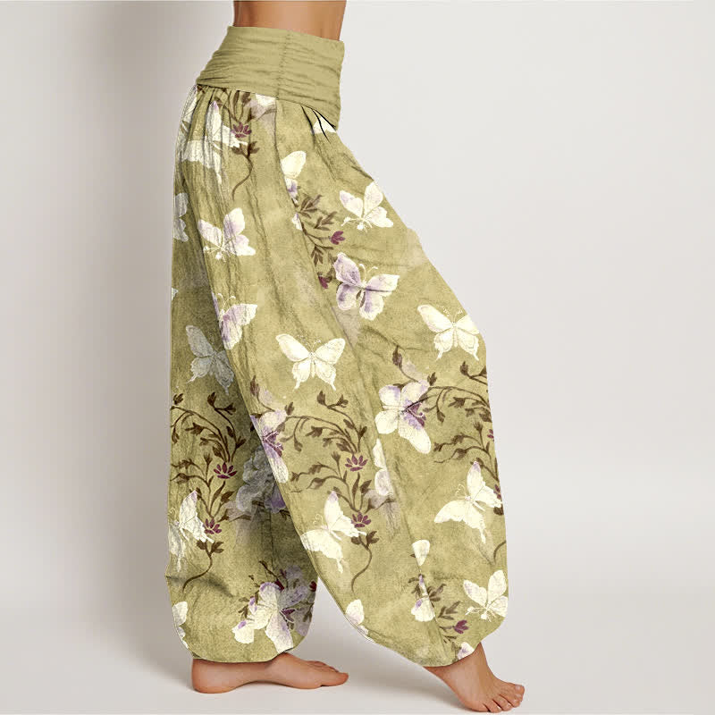 Buddha Stones Pantaloni harem da donna in cotone bianco con motivo floreale e farfalle, con elastico in vita. - image 7