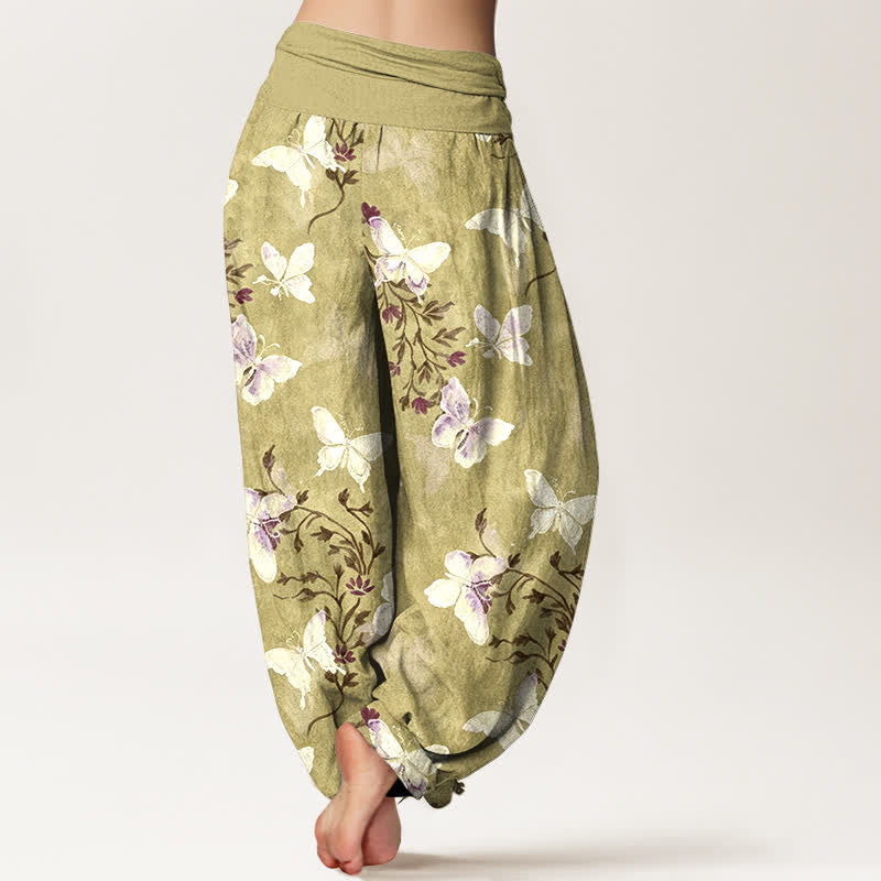 Buddha Stones Pantaloni harem da donna in cotone bianco con motivo floreale e farfalle, con elastico in vita. - image 6