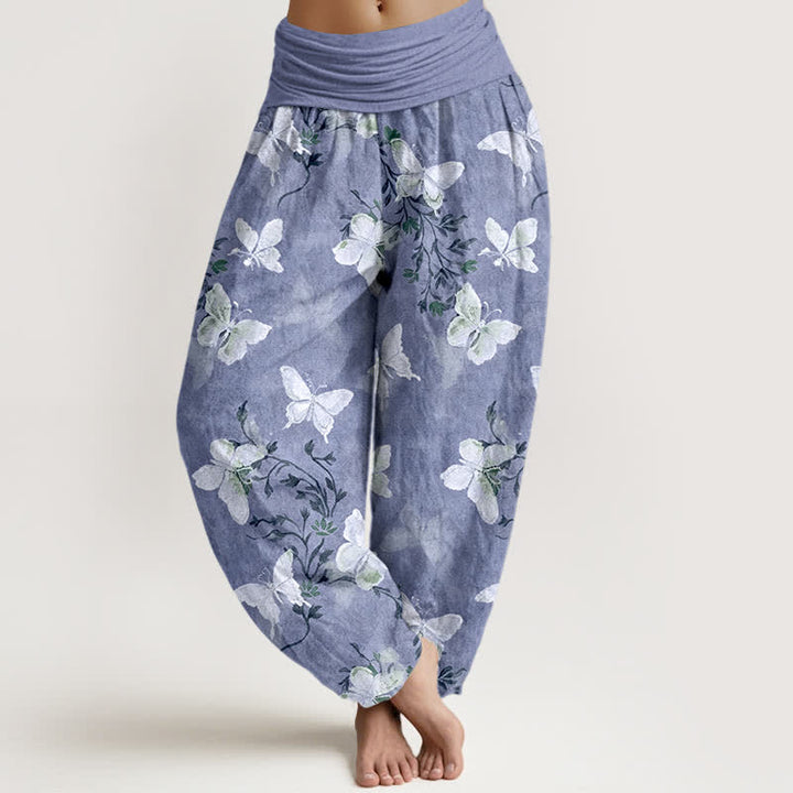 Buddha Stones Pantaloni harem da donna in cotone bianco con motivo floreale e farfalle, con elastico in vita. - Blu acciaio chiaro - US16, UK/AU20, EU48 (3XL) - image 8