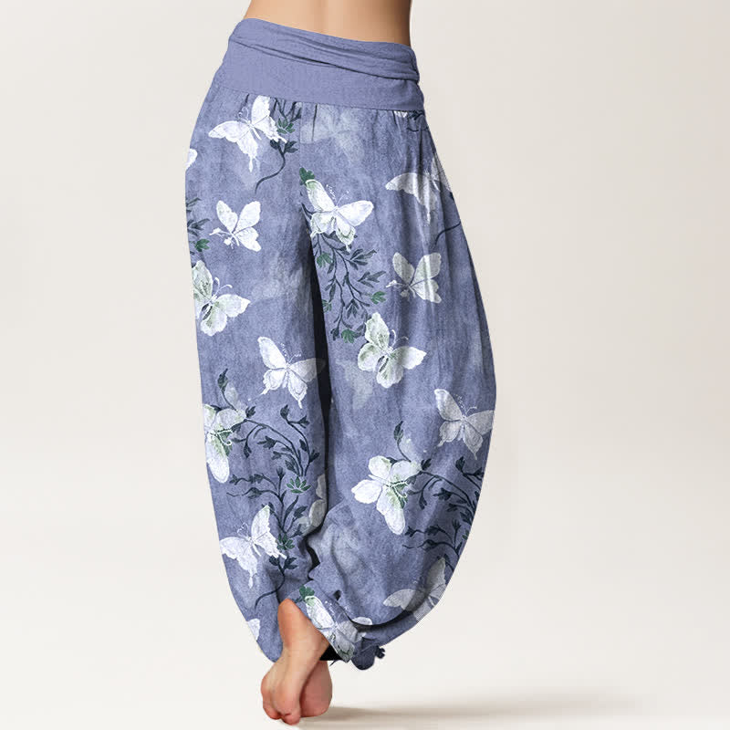 Buddha Stones Pantaloni harem da donna in cotone bianco con motivo floreale e farfalle, con elastico in vita. - image 9
