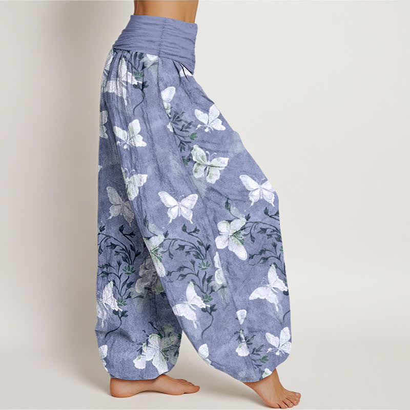 Buddha Stones Pantaloni harem da donna in cotone bianco con motivo floreale e farfalle, con elastico in vita. - image 10