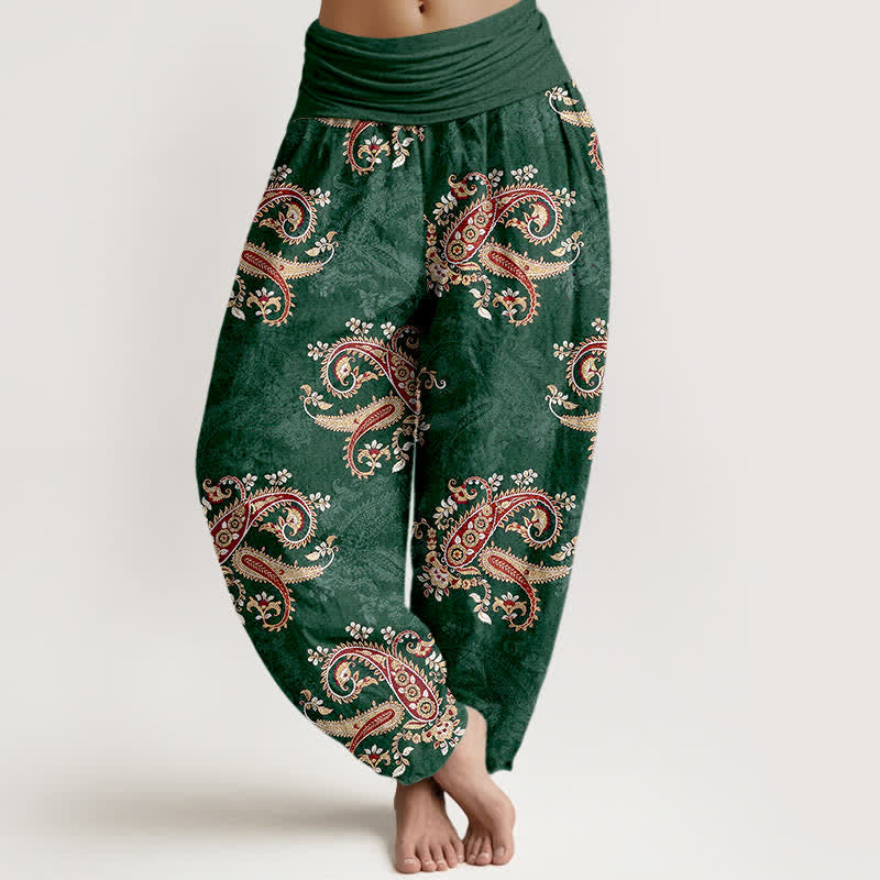 Buddha Stones Pantaloni harem da donna in puro cotone con elegante motivo paisley e elastico in vita. - Verde studentesco - US16, UK/AU20, EU48 (3XL) - image 0