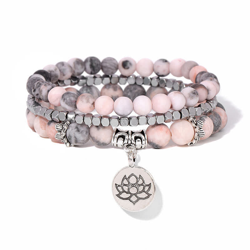 Buddha Stones Braccialetto di perline "Illuminazione" con loto e diaspro zebrato, composto da 3 pezzi. - image 1