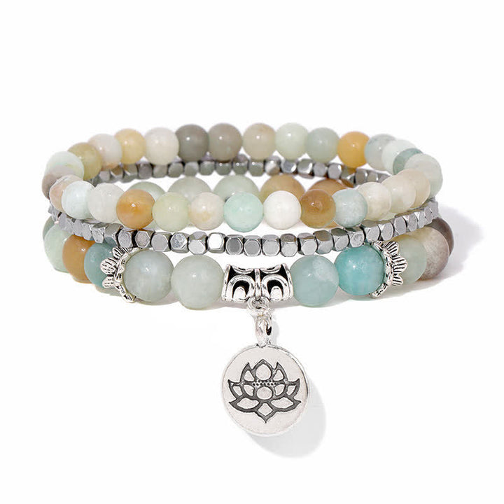 Buddha Stones Braccialetto di perline "Illuminazione" con loto e diaspro zebrato, composto da 3 pezzi. - Amazonite (Verità ♥ Comunicazione) - image 12