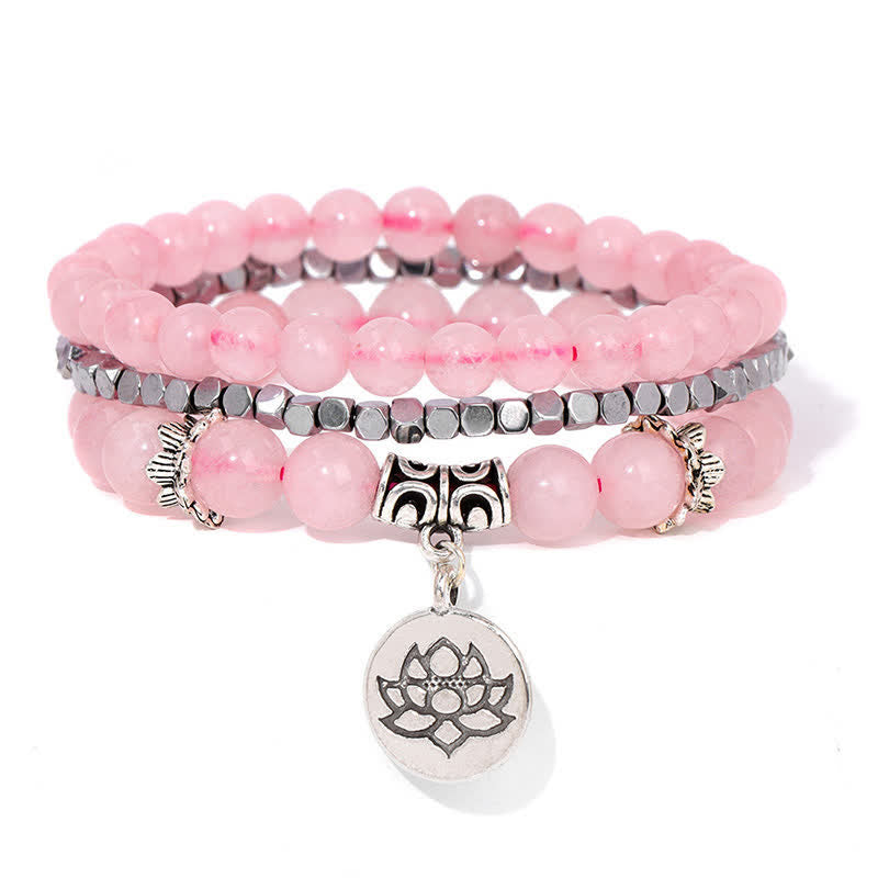 Buddha Stones Braccialetto di perline "Illuminazione" con loto e diaspro zebrato, composto da 3 pezzi. - Quarzo rosa (Amore ♥ Amore per se stessi) - image 10