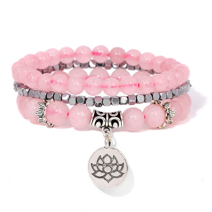 Buddha Stones Braccialetto di perline "Illuminazione" con loto e diaspro zebrato, composto da 3 pezzi. - Quarzo rosa (Amore ♥ Amore per se stessi) - image 10