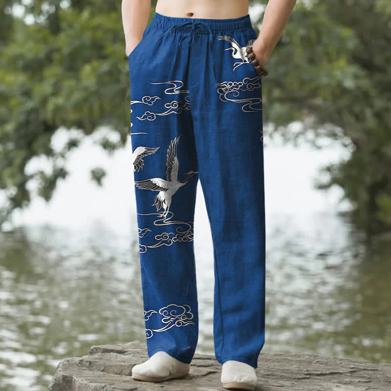 Buddha Stones Pantaloni da uomo affusolati in cotone bianco con motivo a onde e stampa gru, con tasche. - Blu reale - US/UK/AU50, EU60 (5XL) - image 0