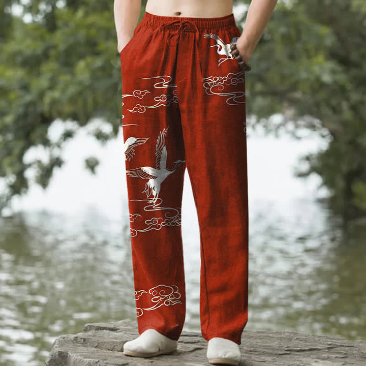 Buddha Stones Pantaloni da uomo affusolati in cotone bianco con motivo a onde e stampa gru, con tasche. - Rosso scuro - US/UK/AU50, EU60 (5XL) - image 4