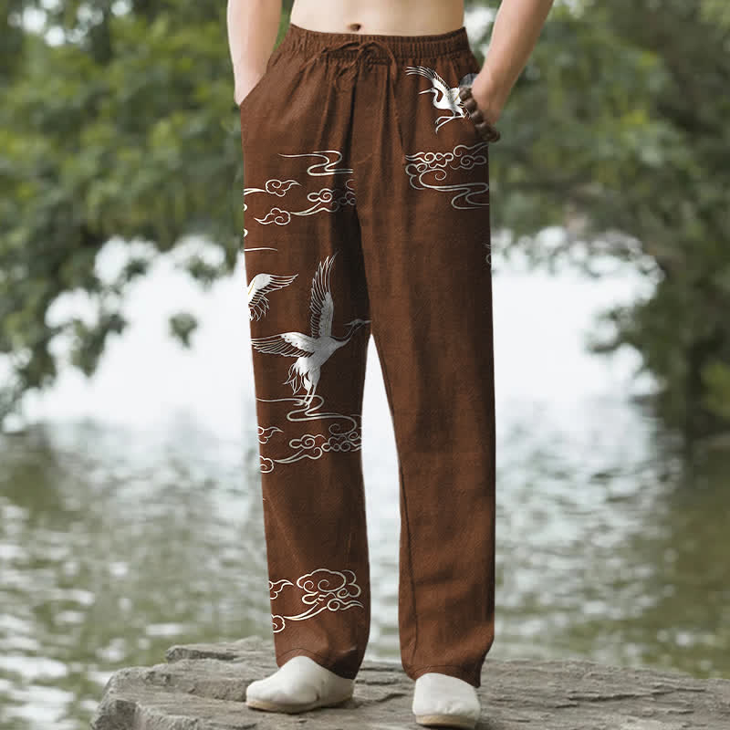 Buddha Stones Pantaloni da uomo affusolati in cotone bianco con motivo a onde e stampa gru, con tasche. - Marrone sella - US/UK/AU50, EU60 (5XL) - image 6