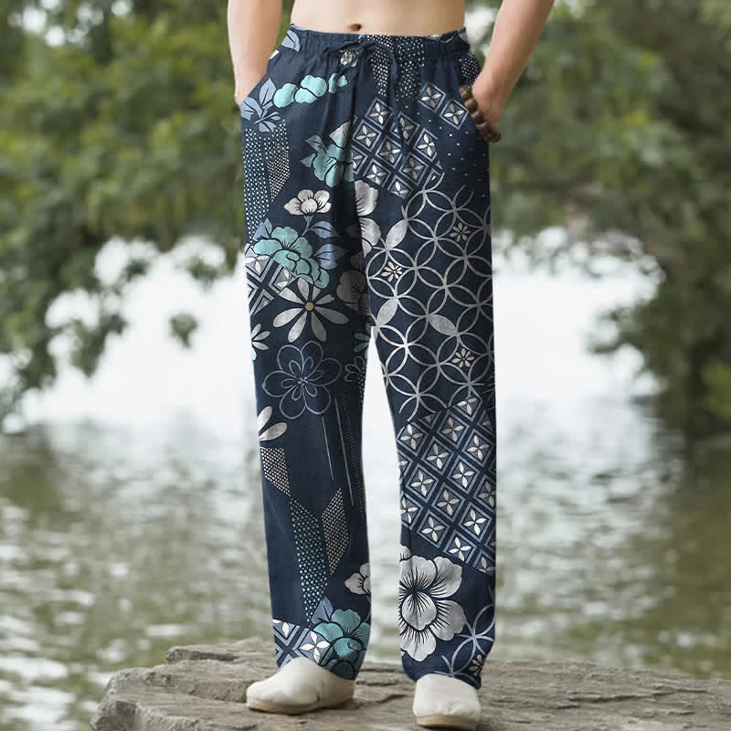 Buddha Stones Pantaloni da uomo affusolati in cotone con motivo floreale e geometrico in stile bohémien e tasche. - Marina - US/UK/AU50, EU60 (5XL) - image 0