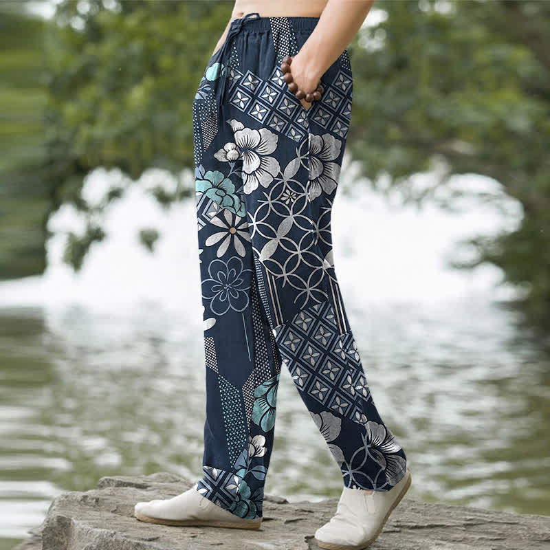 Buddha Stones Pantaloni da uomo affusolati in cotone con motivo floreale e geometrico in stile bohémien e tasche. - image 1