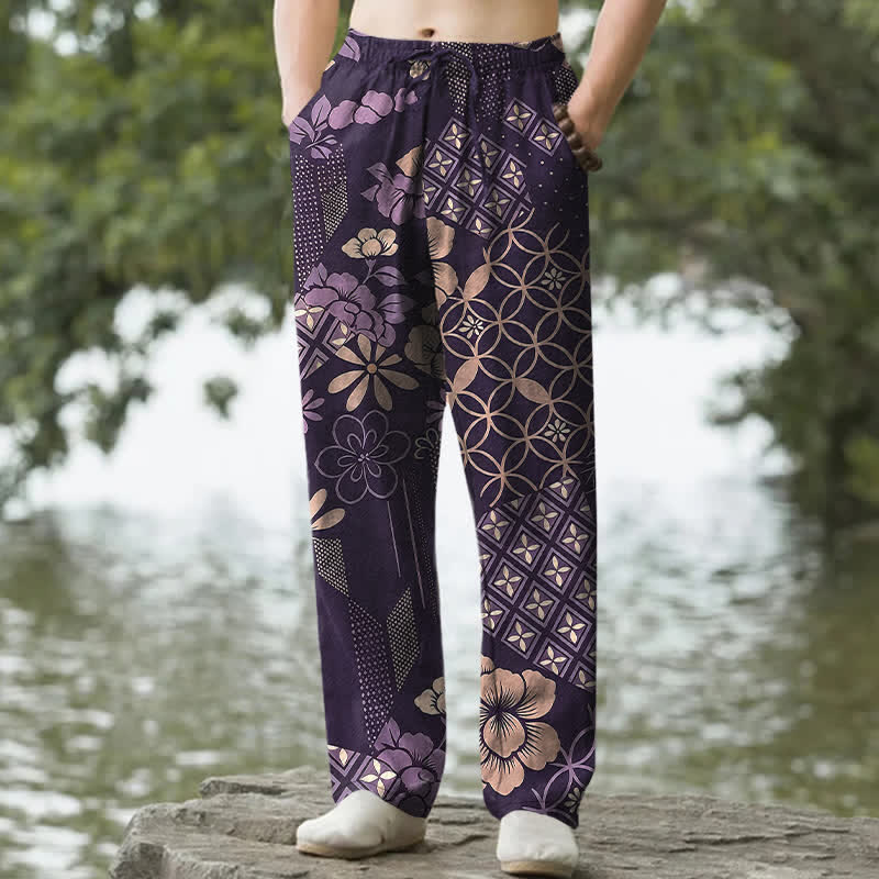 Buddha Stones Pantaloni da uomo affusolati in cotone con motivo floreale e geometrico in stile bohémien e tasche. - Viola - US/UK/AU50, EU60 (5XL) - image 4