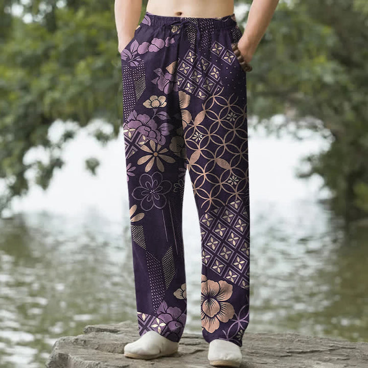 Buddha Stones Pantaloni da uomo affusolati in cotone con motivo floreale e geometrico in stile bohémien e tasche. - Viola - US/UK/AU50, EU60 (5XL) - image 4