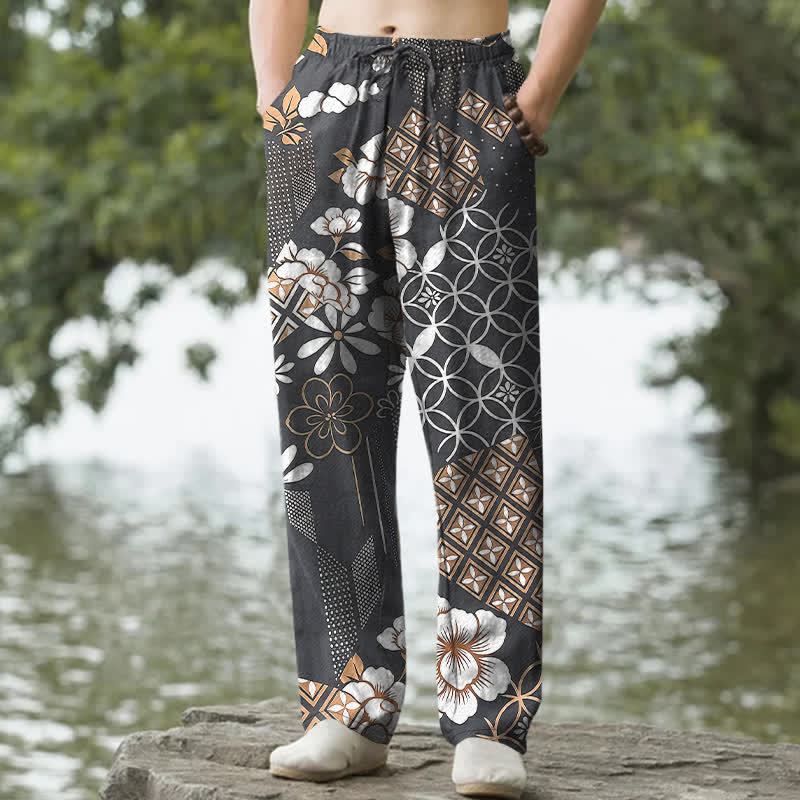 Buddha Stones Pantaloni da uomo affusolati in cotone con motivo floreale e geometrico in stile bohémien e tasche. - Grigio tenue - US/UK/AU50, EU60 (5XL) - image 6
