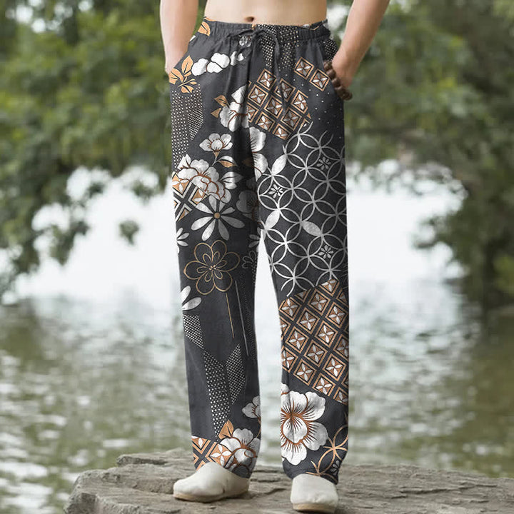 Buddha Stones Pantaloni da uomo affusolati in cotone con motivo floreale e geometrico in stile bohémien e tasche. - Grigio tenue - US/UK/AU50, EU60 (5XL) - image 6