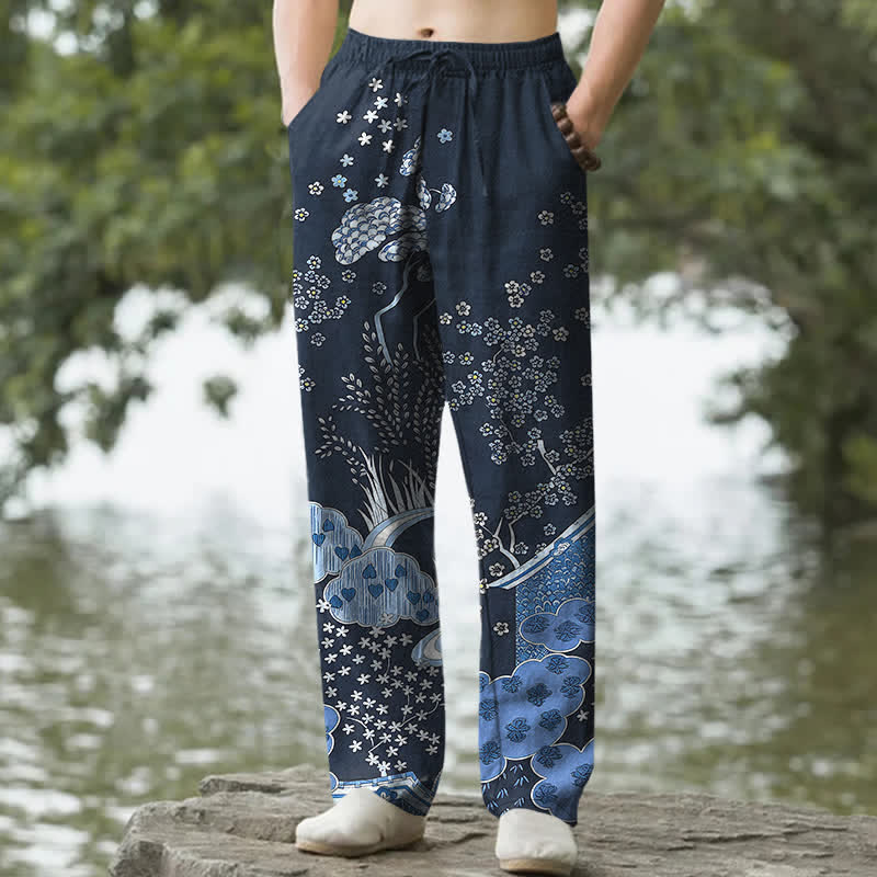 Buddha Stones Pantaloni da uomo affusolati in cotone bianco con fantasia floreale e nuvole, con tasche. - Marina - US/UK/AU50, EU60 (5XL) - image 0