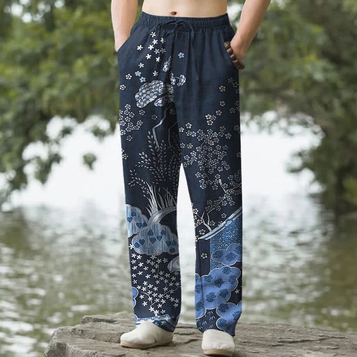 Buddha Stones Pantaloni da uomo affusolati in cotone bianco con fantasia floreale e nuvole, con tasche. - Marina - US/UK/AU50, EU60 (5XL) - image 0