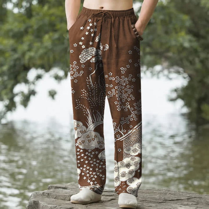 Buddha Stones Pantaloni da uomo affusolati in cotone bianco con fantasia floreale e nuvole, con tasche. - Marrone sella - US/UK/AU50, EU60 (5XL) - image 4