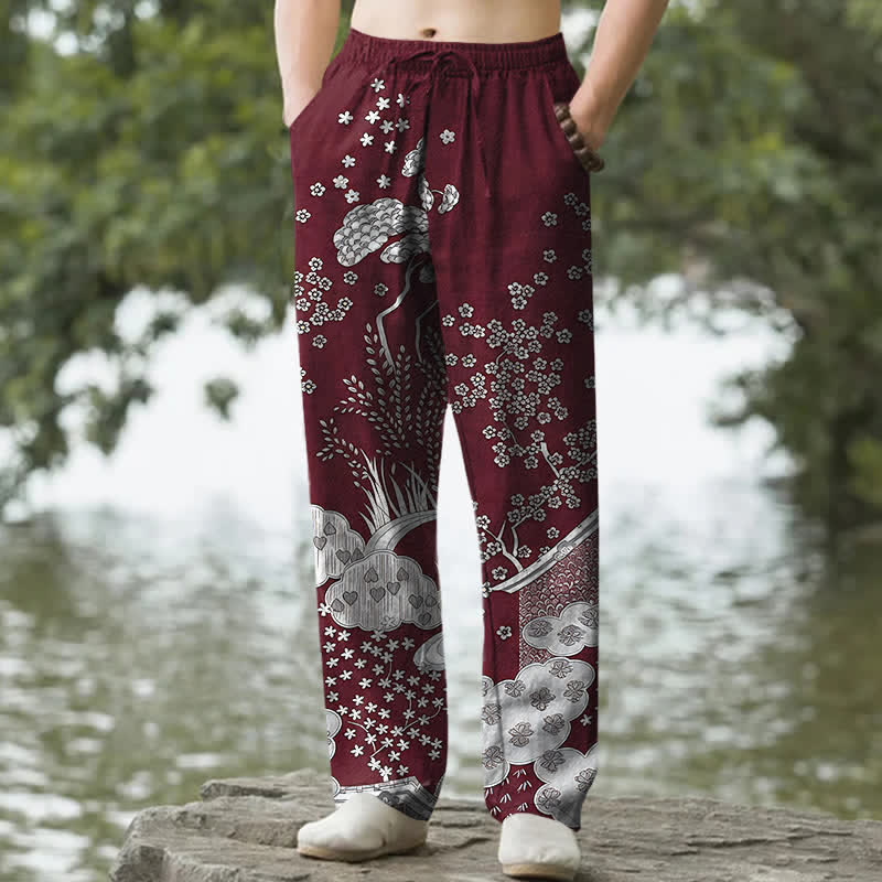 Buddha Stones Pantaloni da uomo affusolati in cotone bianco con fantasia floreale e nuvole, con tasche. - Marrone - US/UK/AU50, EU60 (5XL) - image 6
