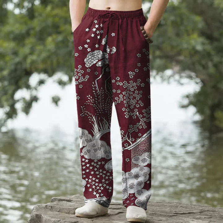 Buddha Stones Pantaloni da uomo affusolati in cotone bianco con fantasia floreale e nuvole, con tasche. - Marrone - US/UK/AU50, EU60 (5XL) - image 6