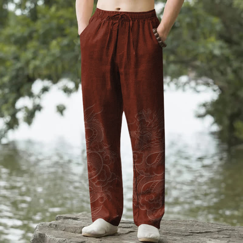 Buddha Stones Pantaloni da uomo affusolati in cotone con una delicata fantasia a drago e tasche. - Marrone - US/UK/AU50, EU60 (5XL) - image 6