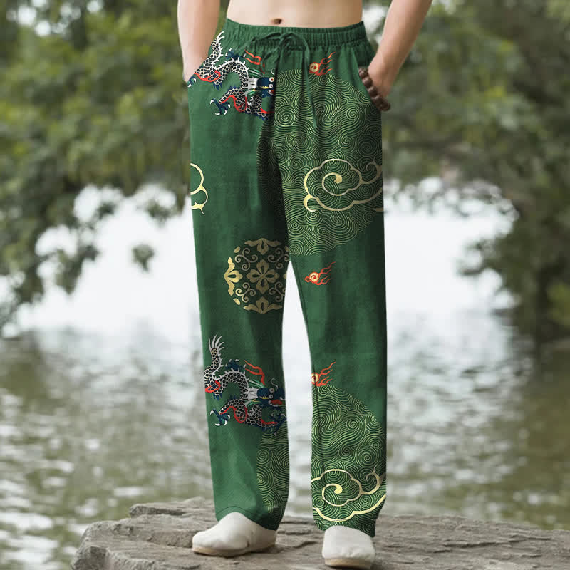 Buddha Stones Pantaloni da uomo affusolati in cotone con motivo drago e nuvole di buon auspicio, con tasche. - Verde studentesco - US/UK/AU50, EU60 (5XL) - image 0