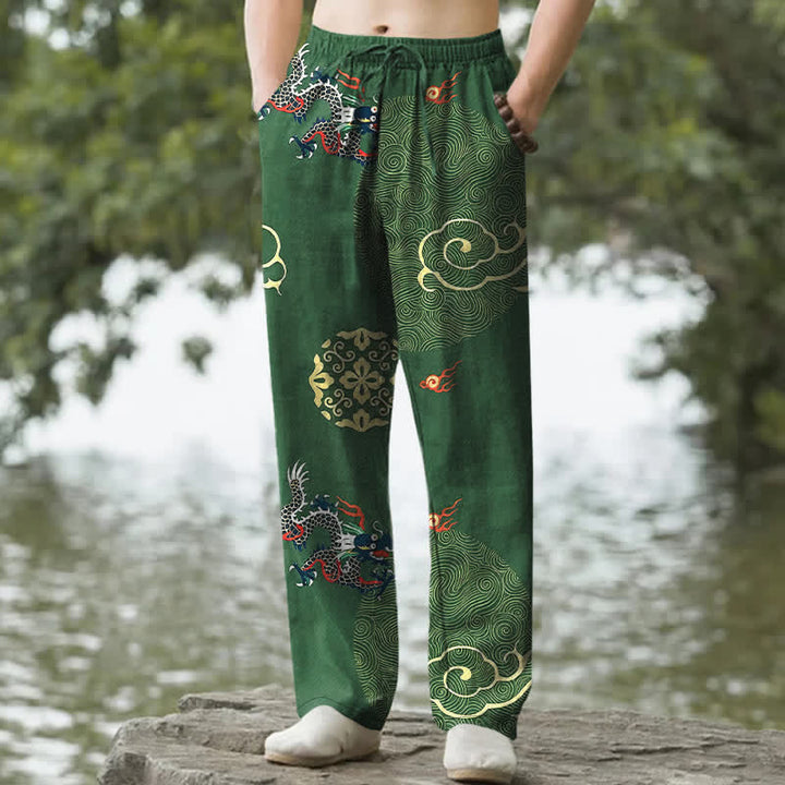 Buddha Stones Pantaloni da uomo affusolati in cotone con motivo drago e nuvole di buon auspicio, con tasche. - Verde studentesco - US/UK/AU50, EU60 (5XL) - image 0