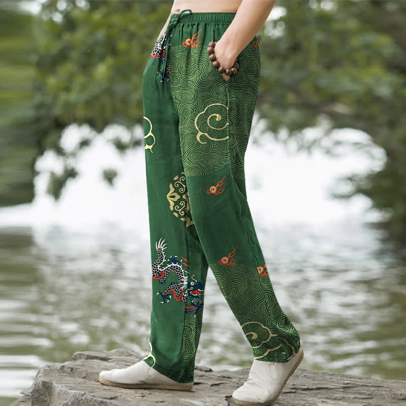 Buddha Stones Pantaloni da uomo affusolati in cotone con motivo drago e nuvole di buon auspicio, con tasche. - image 1