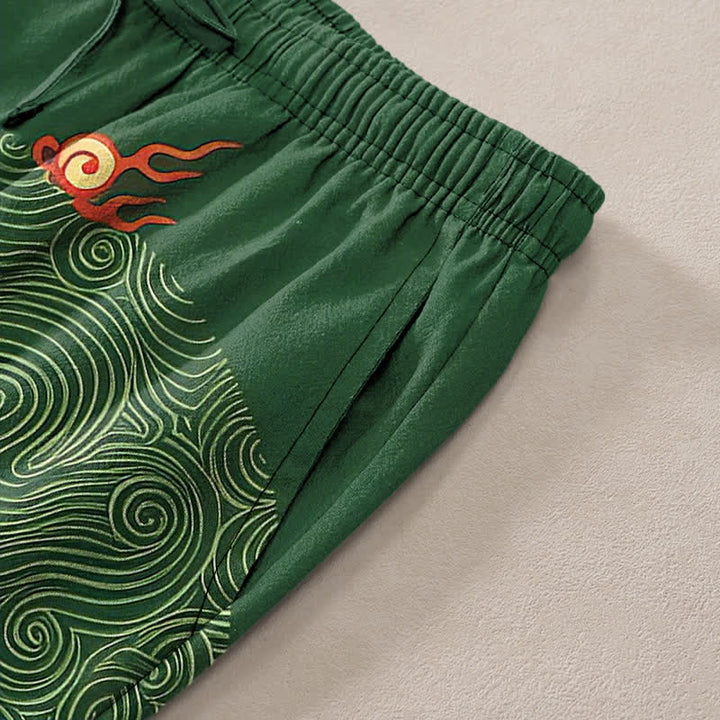 Buddha Stones Pantaloni da uomo affusolati in cotone con motivo drago e nuvole di buon auspicio, con tasche. - image 2