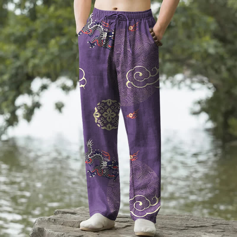 Buddha Stones Pantaloni da uomo affusolati in cotone con motivo drago e nuvole di buon auspicio, con tasche. - Viola - US/UK/AU50, EU60 (5XL) - image 4