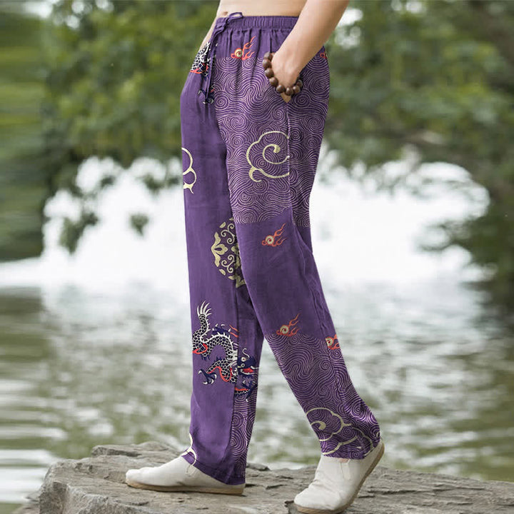 Buddha Stones Pantaloni da uomo affusolati in cotone con motivo drago e nuvole di buon auspicio, con tasche. - image 5