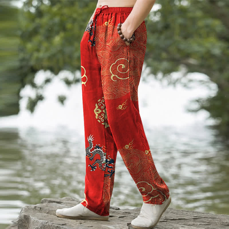 Buddha Stones Pantaloni da uomo affusolati in cotone con motivo drago e nuvole di buon auspicio, con tasche. - image 7
