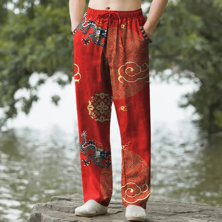Buddha Stones Pantaloni da uomo affusolati in cotone con motivo drago e nuvole di buon auspicio, con tasche. - Rosso - US/UK/AU50, EU60 (5XL) - image 6