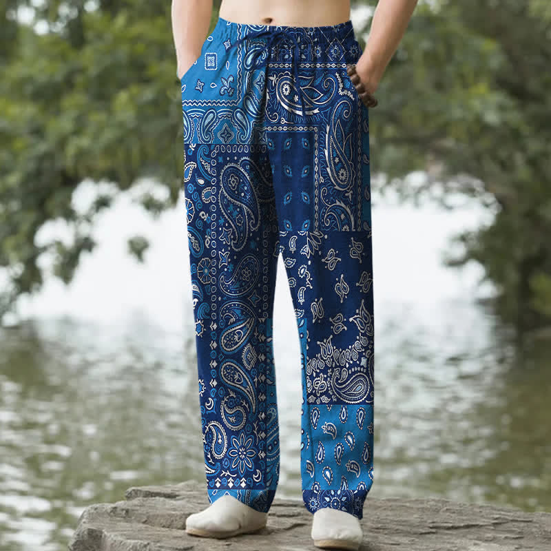 Buddha Stones Pantaloni da uomo affusolati in cotone con varie fantasie paisley e tasche. - Blu reale - US/UK/AU50, EU60 (5XL) - image 4