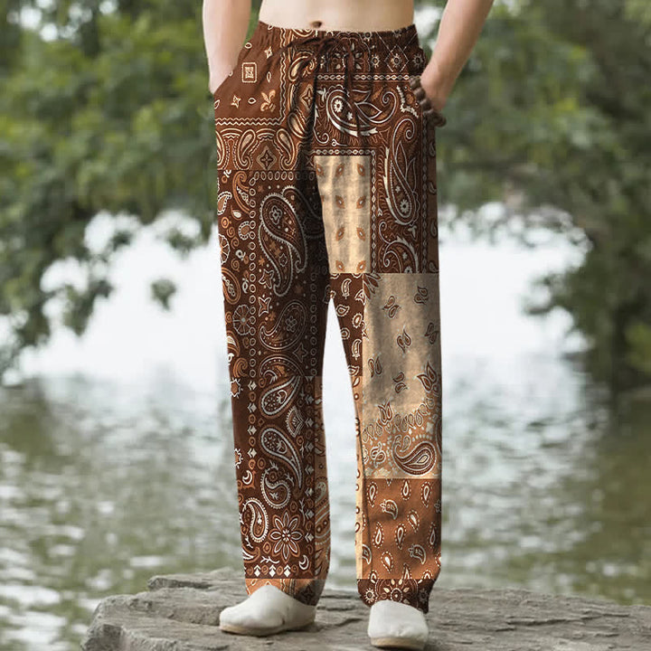 Buddha Stones Pantaloni da uomo affusolati in cotone con varie fantasie paisley e tasche. - Marrone sella - US/UK/AU50, EU60 (5XL) - image 6