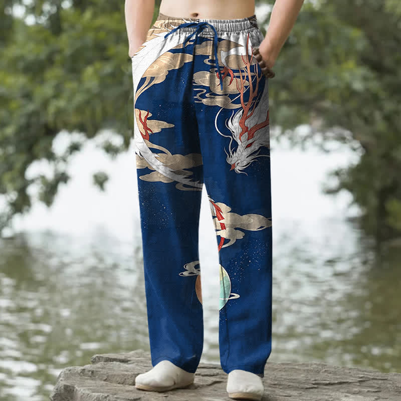 Buddha Stones Pantaloni da uomo affusolati in cotone bianco con motivo drago e nuvole, con tasche. - Marina - US/UK/AU50, EU60 (5XL) - image 0