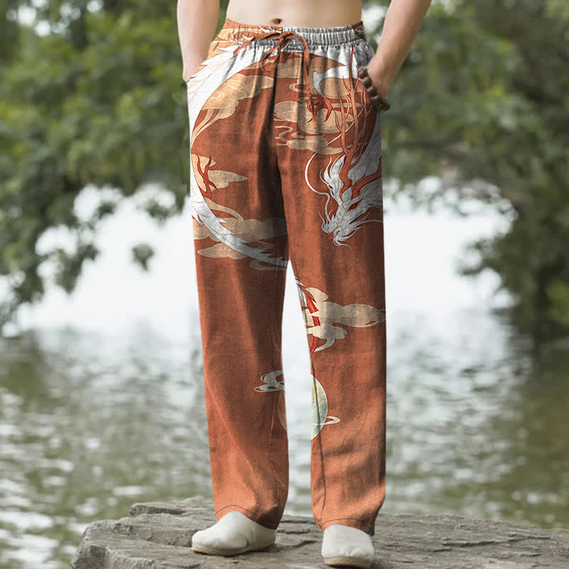 Buddha Stones Pantaloni da uomo affusolati in cotone bianco con motivo drago e nuvole, con tasche. - Siena - US/UK/AU50, EU60 (5XL) - image 6