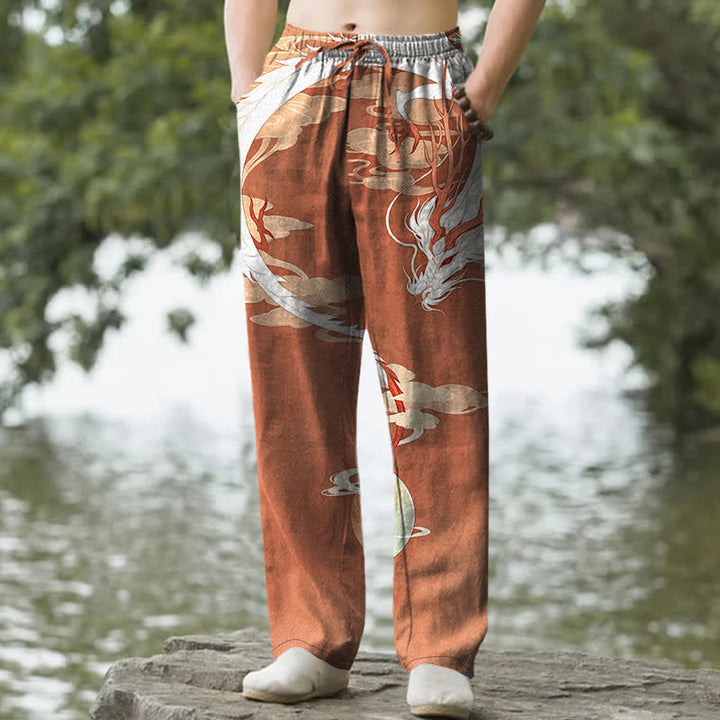 Buddha Stones Pantaloni da uomo affusolati in cotone bianco con motivo drago e nuvole, con tasche. - Siena - US/UK/AU50, EU60 (5XL) - image 6