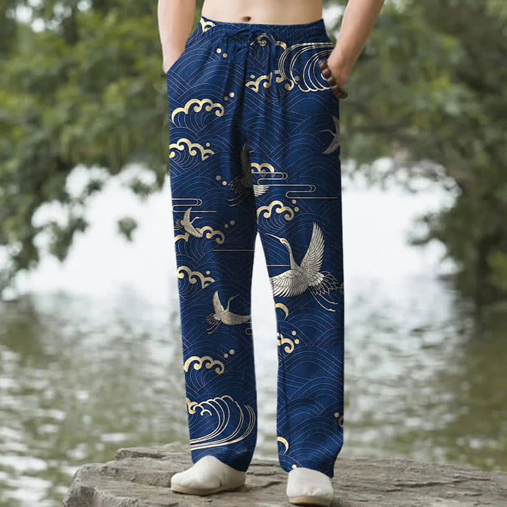 Buddha Stones Pantaloni da uomo affusolati in cotone bianco con motivo a onde dorate e gru, con tasche. - Marina - US/UK/AU50, EU60 (5XL) - image 4
