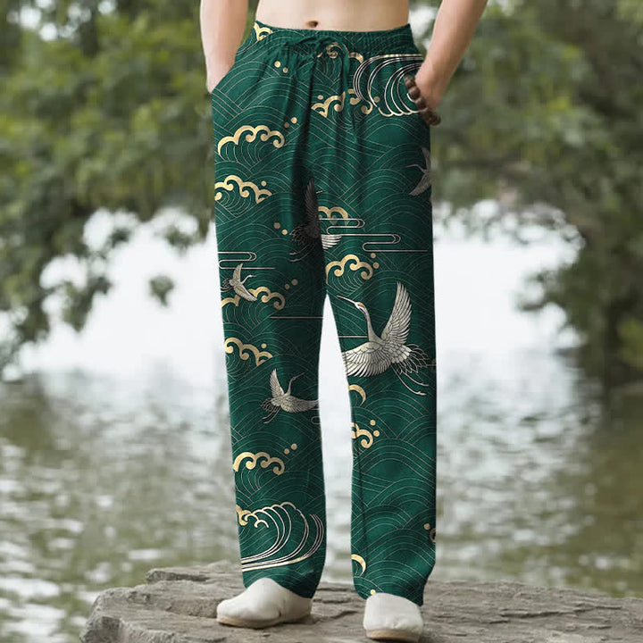 Buddha Stones Pantaloni da uomo affusolati in cotone bianco con motivo a onde dorate e gru, con tasche. - Verde studentesco - US/UK/AU50, EU60 (5XL) - image 6
