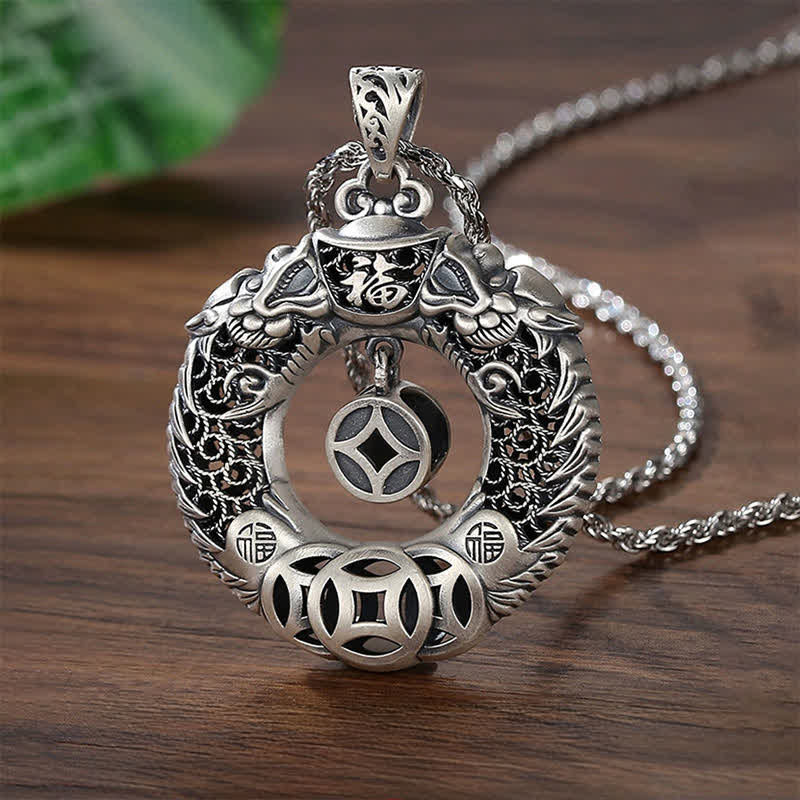 Buddha Stones Collana vintage con fibbia della pace a forma di drago Fu in rame, simbolo di ricchezza e intaglio, simbolo di sollievo. - Rame (Equilibrio♥Ricchezza) - image 0