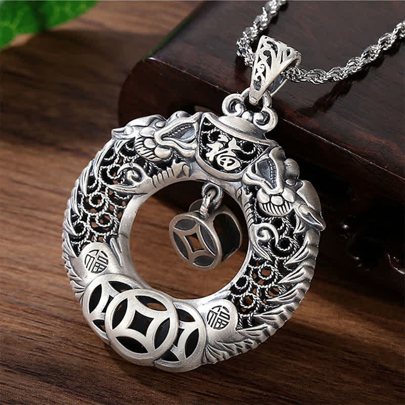 Buddha Stones Collana vintage con fibbia della pace a forma di drago Fu in rame, simbolo di ricchezza e intaglio, simbolo di sollievo. - image 1